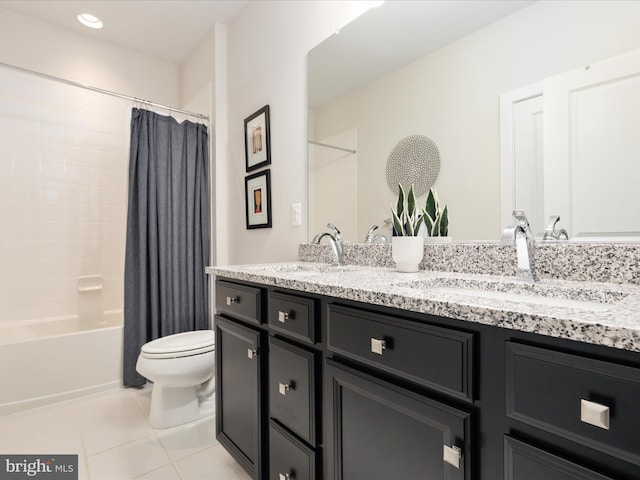 full bathroom featuring tile patterned flooring, toilet, double vanity, and shower / bathtub combination with curtain