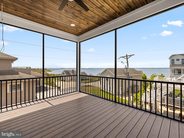unfurnished sunroom with a water view