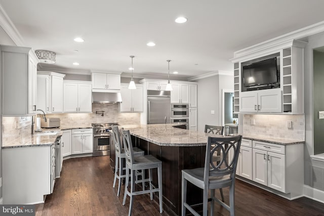 kitchen featuring high end appliances, a sink, exhaust hood, a center island, and backsplash