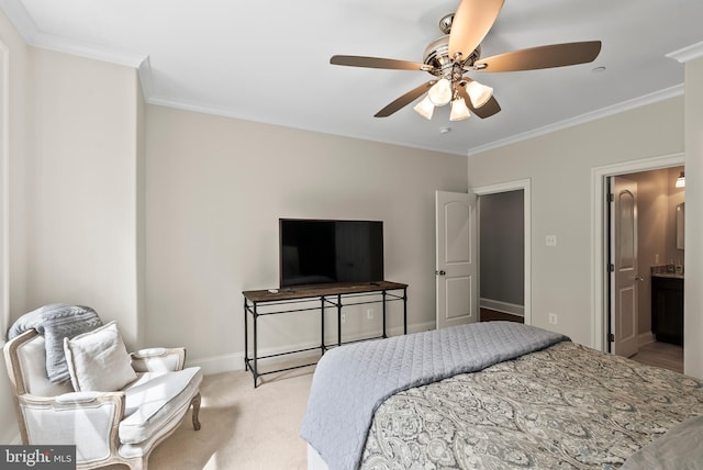 bedroom with ornamental molding, light carpet, baseboards, and a ceiling fan