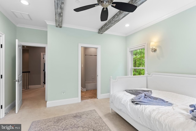 bedroom featuring carpet flooring, crown molding, beam ceiling, recessed lighting, and ensuite bath