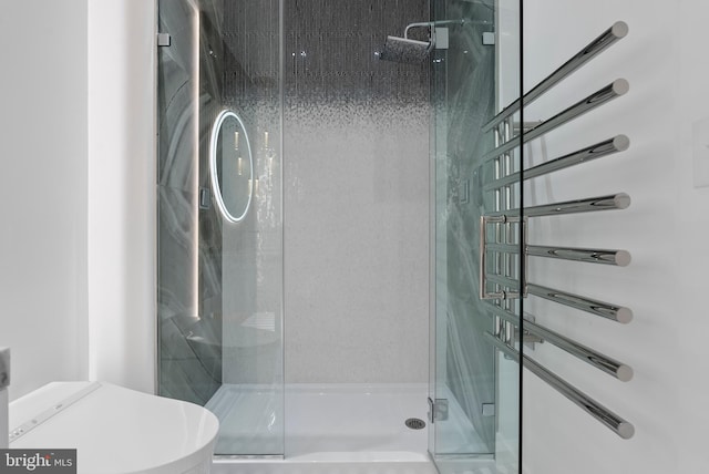 full bathroom featuring a stall shower and toilet