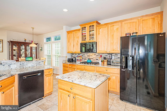 9 Webster Hill Ct, Clarksburg, MD 20871 - kitchen with black appliances, backsplash, light stone countertops, glass insert cabinets, and recessed lighting