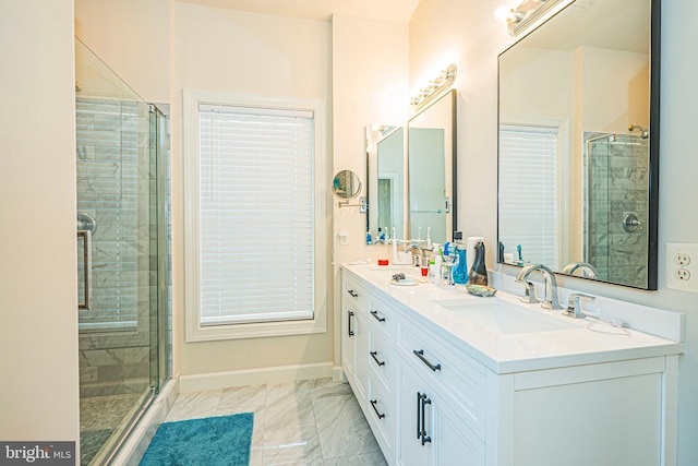 9 Webster Hill Ct, Clarksburg, MD 20871 - bathroom with double vanity, a stall shower, and marble look tile flooring