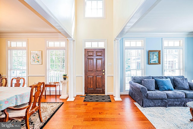 9 Webster Hill Ct, Clarksburg, MD 20871 - foyer with ornate columns, healthy amount of natural light, light wood-style flooring, and ornamental molding