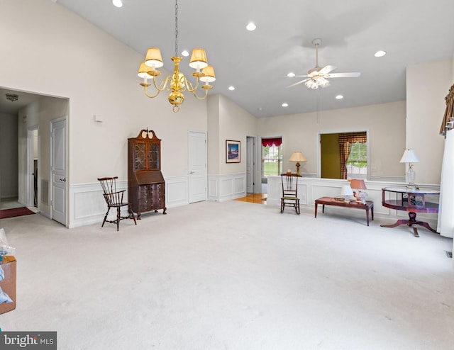 103 Dylan Cir, Avondale, PA 19311 - living area featuring light colored carpet, a decorative wall, recessed lighting, lofted ceiling, and a ceiling fan
