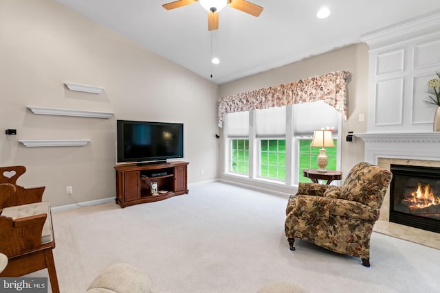103 Dylan Cir, Avondale, PA 19311 - living room with ceiling fan, baseboards, a high end fireplace, carpet, and lofted ceiling