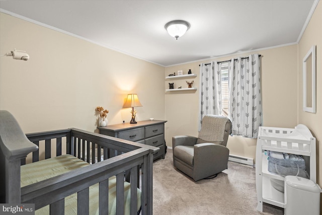 bedroom featuring a baseboard heating unit, light carpet, crown molding, and a crib