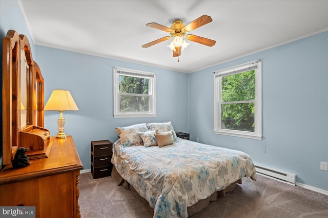 bedroom featuring a baseboard radiator, carpet flooring, multiple windows, baseboards, and ornamental molding