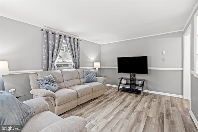 living area with wood finished floors, crown molding, and baseboards
