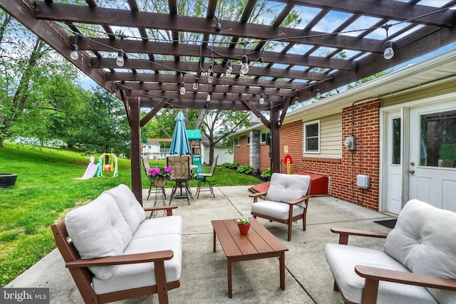 view of patio featuring outdoor lounge area, a playground, outdoor dining space, and a pergola