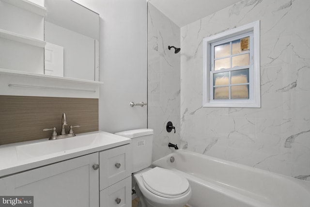 bathroom featuring tasteful backsplash, toilet, vanity, and  shower combination
