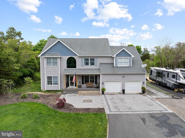 traditional home with asphalt driveway, covered porch, roof with shingles, an attached garage, and a front yard