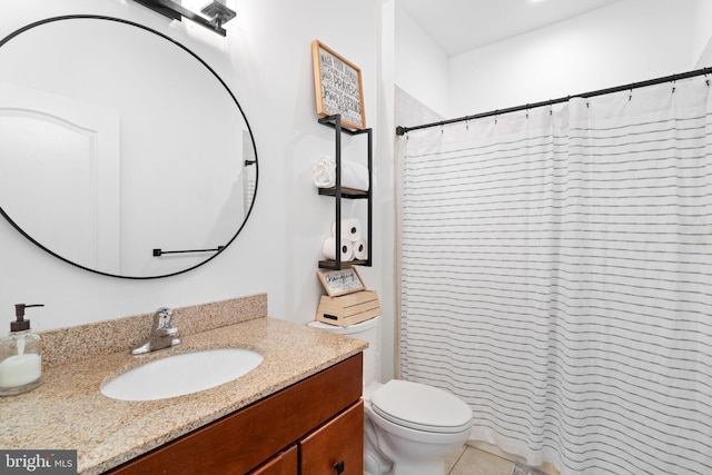 full bath with toilet, vanity, a shower with shower curtain, and tile patterned floors
