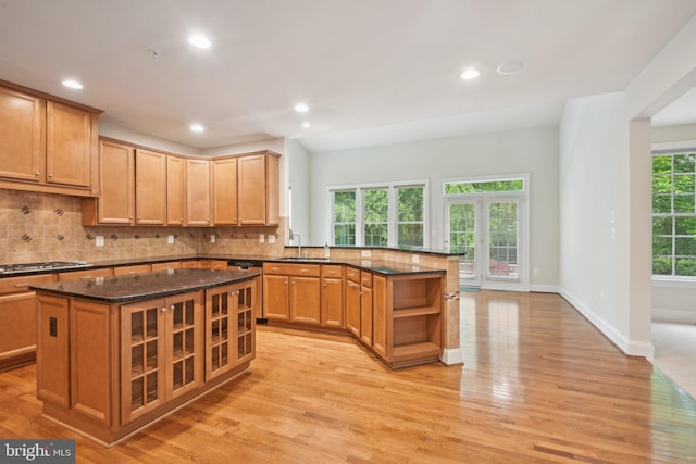 711 Bleak Hill Pl, Upper Marlboro, MD 20774 - kitchen with a sink, a peninsula, dishwasher, tasteful backsplash, and light wood-type flooring