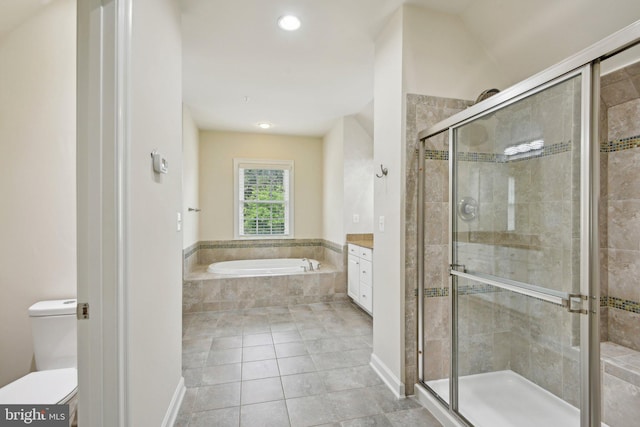 711 Bleak Hill Pl, Upper Marlboro, MD 20774 - bathroom featuring a bath, a stall shower, toilet, vanity, and recessed lighting