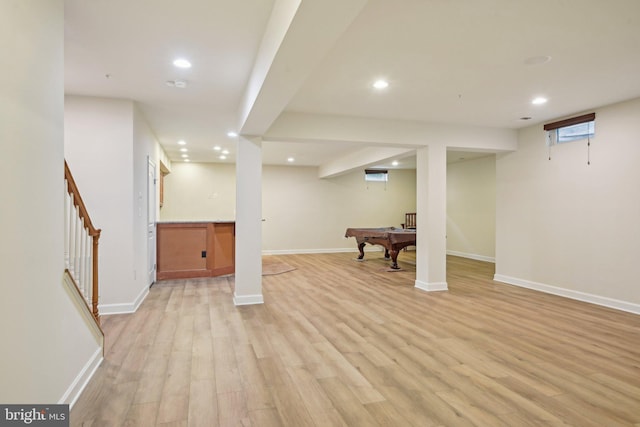 711 Bleak Hill Pl, Upper Marlboro, MD 20774 - basement featuring light wood-type flooring, pool table, stairway, recessed lighting, and baseboards