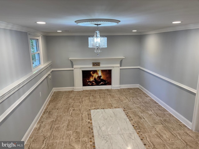 unfurnished living room featuring a lit fireplace, recessed lighting, ornamental molding, and baseboards