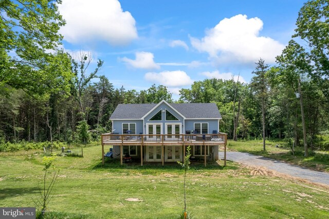 3612 Panhandle Rd, Front Royal, VA 22630 - rear view of house featuring french doors, a deck, a lawn, roof with shingles, and a view of trees