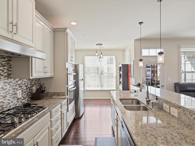 kitchen featuring a sink, appliances with stainless steel finishes, dark wood finished floors, healthy amount of natural light, and recessed lighting