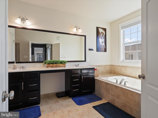 bathroom with tile patterned floors, double vanity, and a bath