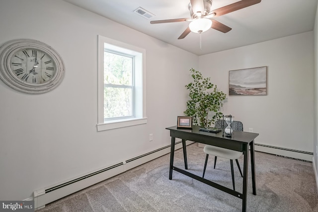 office area with baseboard heating, carpet flooring, and ceiling fan