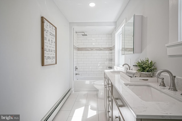 bathroom with toilet, double vanity, recessed lighting, a baseboard radiator, and washtub / shower combination