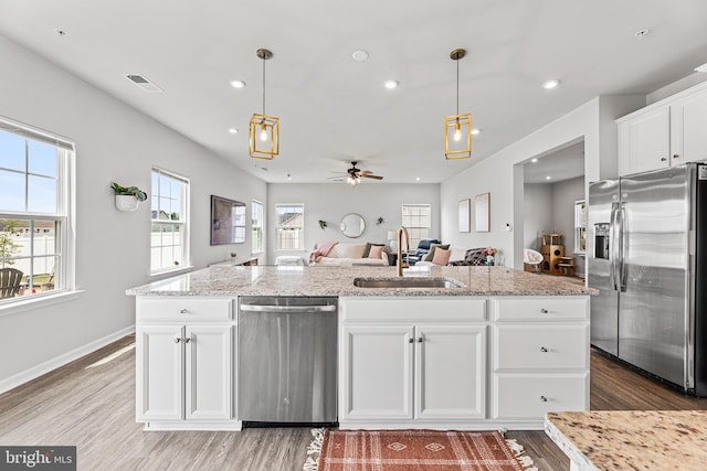 9508 Mourning Dove Way, Delmar, MD 21875 - kitchen featuring appliances with stainless steel finishes, a sink, light wood-style floors, recessed lighting, and ceiling fan