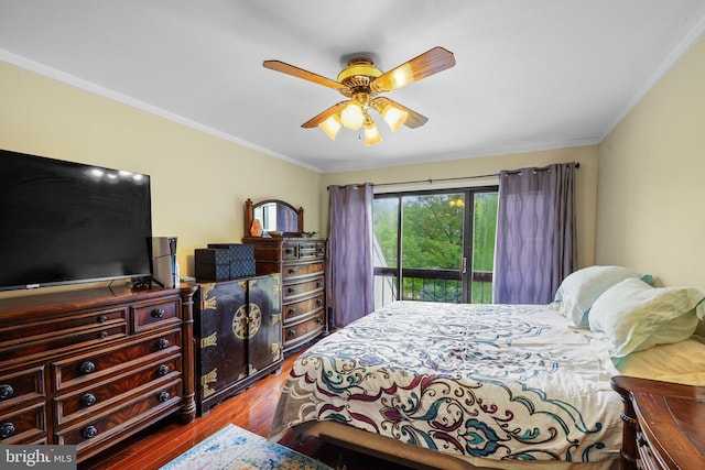 bedroom with wood finished floors, crown molding, access to exterior, and ceiling fan