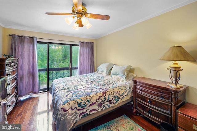 bedroom with access to exterior, hardwood / wood-style floors, a ceiling fan, and crown molding