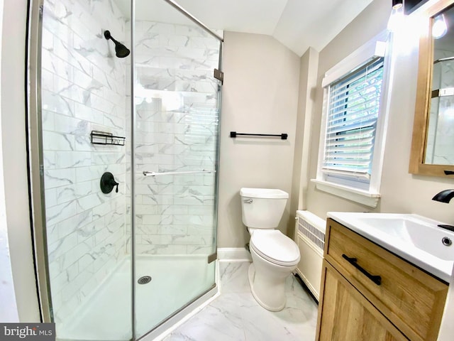 239 Glentay Ave, Lansdowne, PA 19050 - full bathroom featuring a shower stall, marble look tiles, lofted ceiling, toilet, and vanity