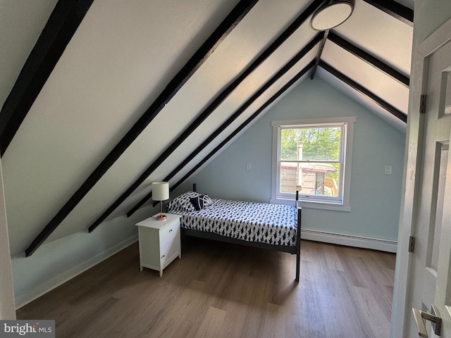 bedroom featuring a baseboard radiator, dark wood-type flooring, and baseboards