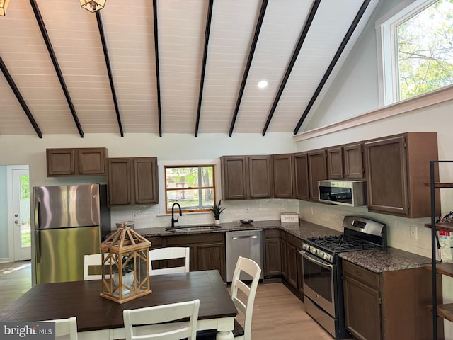 kitchen with stainless steel appliances, a sink, light wood-style floors, backsplash, and dark brown cabinets