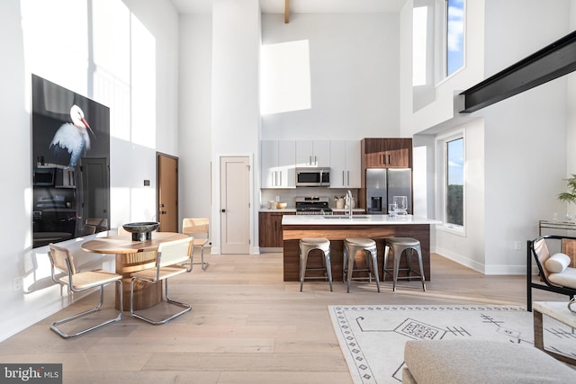 845 19th St NE Unit Ph9, Washington, DC 20002 - kitchen featuring appliances with stainless steel finishes, a towering ceiling, a sink, a kitchen bar, and light countertops