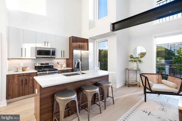 845 19th St NE Unit Ph9, Washington, DC 20002 - kitchen with appliances with stainless steel finishes, a sink, a towering ceiling, light wood-style floors, and plenty of natural light