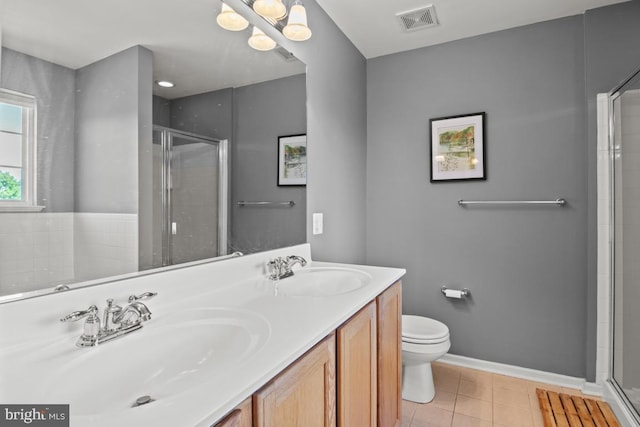 bathroom featuring a shower stall, toilet, tile patterned floors, and double vanity