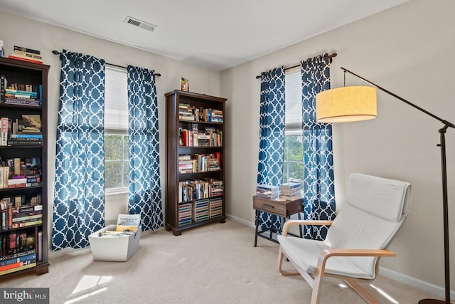 sitting room with plenty of natural light, carpet floors, and baseboards