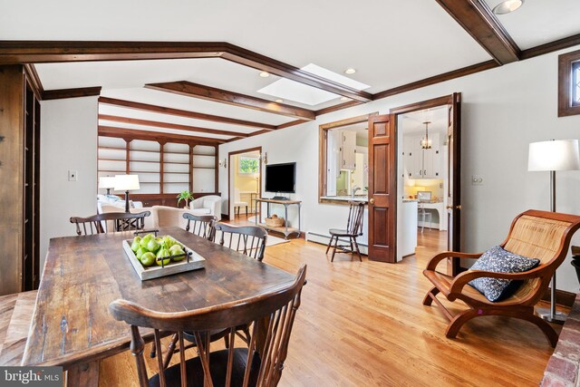 3709 Shepherd St, Chevy Chase, MD 20815 - dining area with beamed ceiling, light wood-style floors, a baseboard heating unit, and ornamental molding