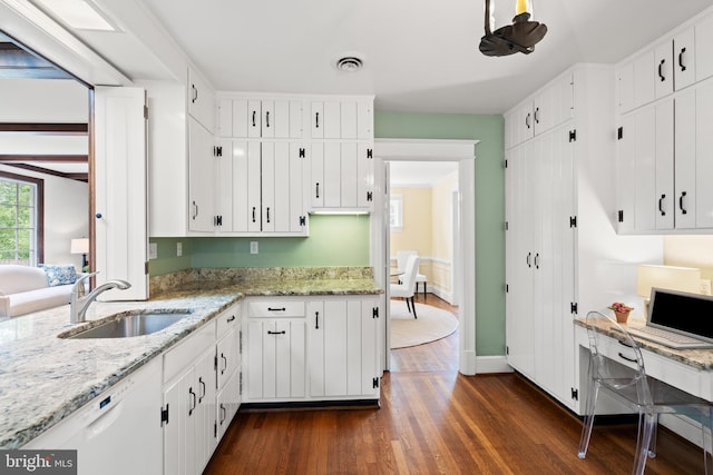 3709 Shepherd St, Chevy Chase, MD 20815 - kitchen with a sink, dishwasher, dark wood-style flooring, and white cabinetry
