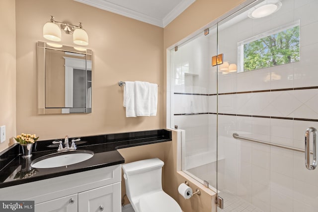 3709 Shepherd St, Chevy Chase, MD 20815 - full bath with ornamental molding, toilet, a shower stall, and vanity