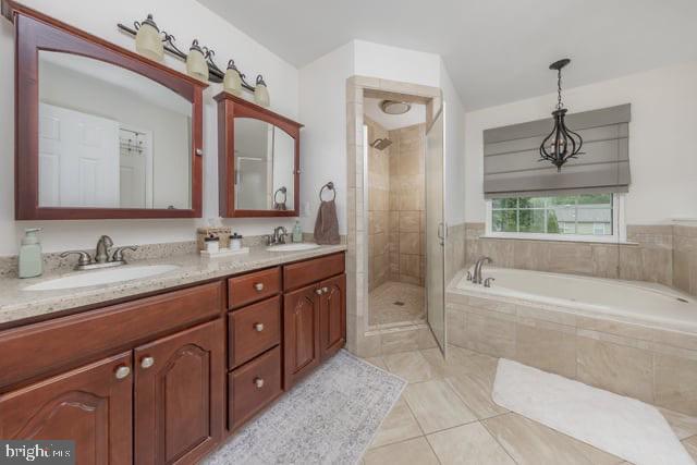 25 Aberdeen Dr, Sicklerville, NJ 08081 - bathroom with a shower stall, tile patterned flooring, double vanity, and a bath