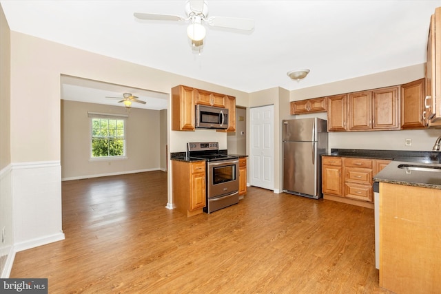 11005 Horseshoe Dr, Frederick, MD 21701 - kitchen featuring stainless steel appliances, light wood-style flooring, a ceiling fan, and a sink