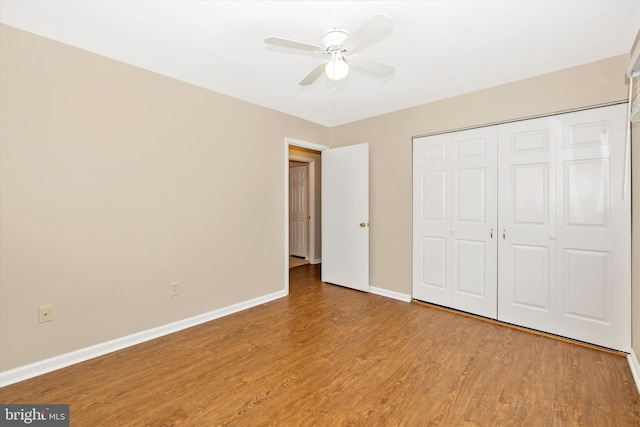 11005 Horseshoe Dr, Frederick, MD 21701 - unfurnished bedroom with baseboards, light wood-type flooring, a closet, and ceiling fan