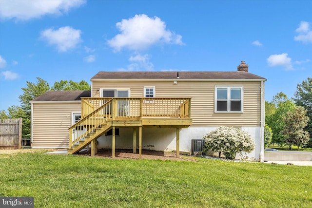 11005 Horseshoe Dr, Frederick, MD 21701 - rear view of house with stairs, a wooden deck, a chimney, and central air condition unit
