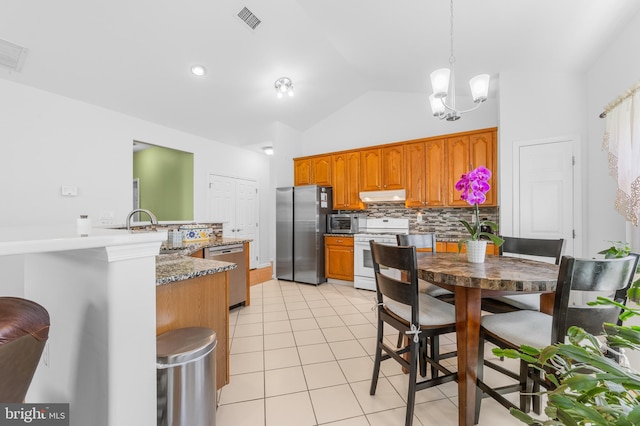 17 San Marco, West Windsor, NJ 08550 - kitchen featuring stainless steel appliances, under cabinet range hood, a peninsula, decorative backsplash, and a sink