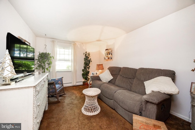 living room featuring a baseboard heating unit and carpet flooring
