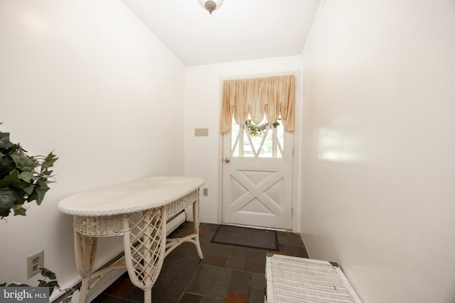 entryway with dark stone finish floors