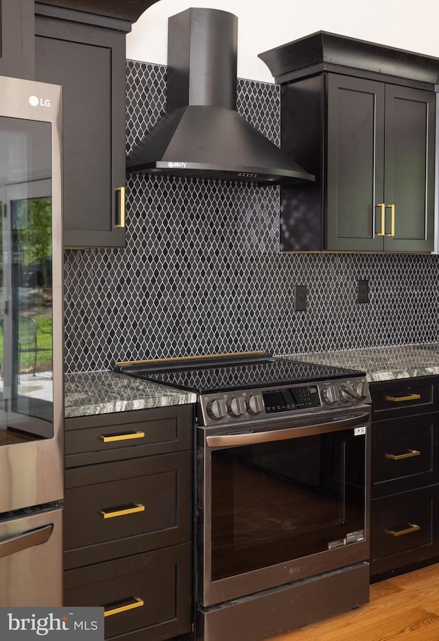 28 Stillwater Ct, Ridgeley, WV 26753 - kitchen with stainless steel electric range, exhaust hood, backsplash, and light wood-style floors