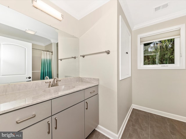 22028 Beaverbrook Dr, Smithsburg, MD 21783 - full bathroom with crown molding, vanity, baseboards, tile patterned floors, and a shower with shower curtain