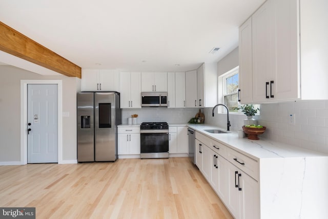 901 E Quaker Bottom Rd, Sparks Glencoe, MD 21152 - kitchen with appliances with stainless steel finishes, a sink, backsplash, light wood finished floors, and white cabinetry